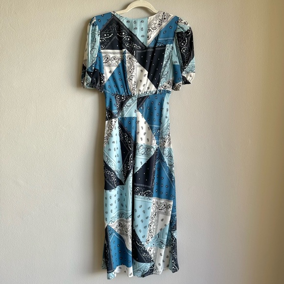 STAUD Milla Midi Dress Patchwork Bandana Capri w/ Short Puff Sleeves & Slit - Picture 4 of 11